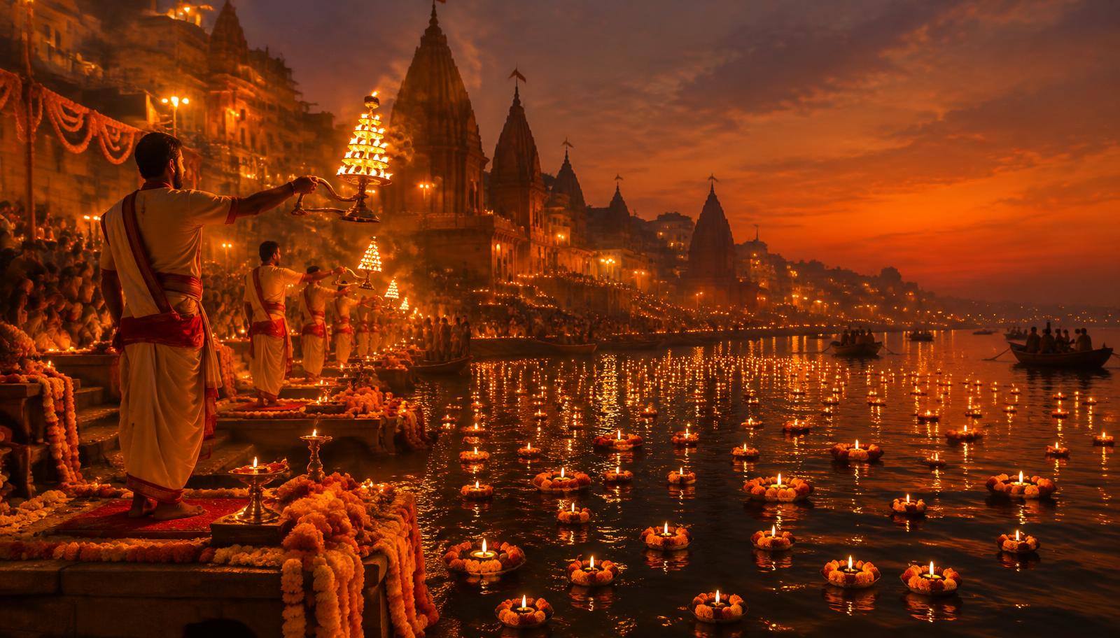 Ganga aarti with floating diyas